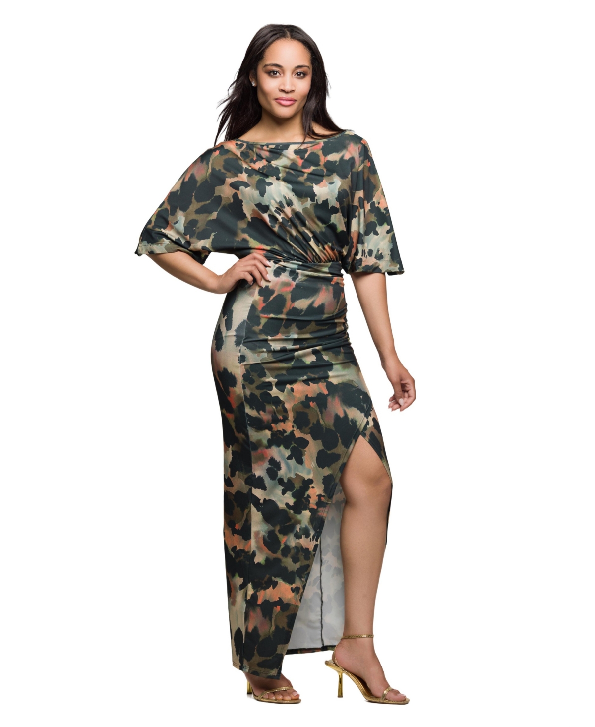 24seven Comfort Apparel Abstract Print Batwing Sleeve Maxi Dress With Slit In Multi