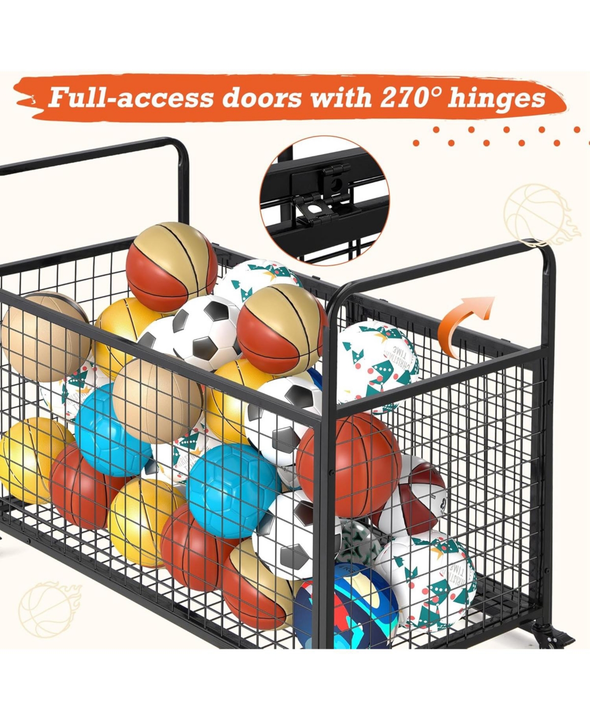Aecojoy Ball Cart Storage, Rolling Basketball Bin with Wheels for Garage, School, Gym, Sports Equipment and Toy Organizer,Extra Large