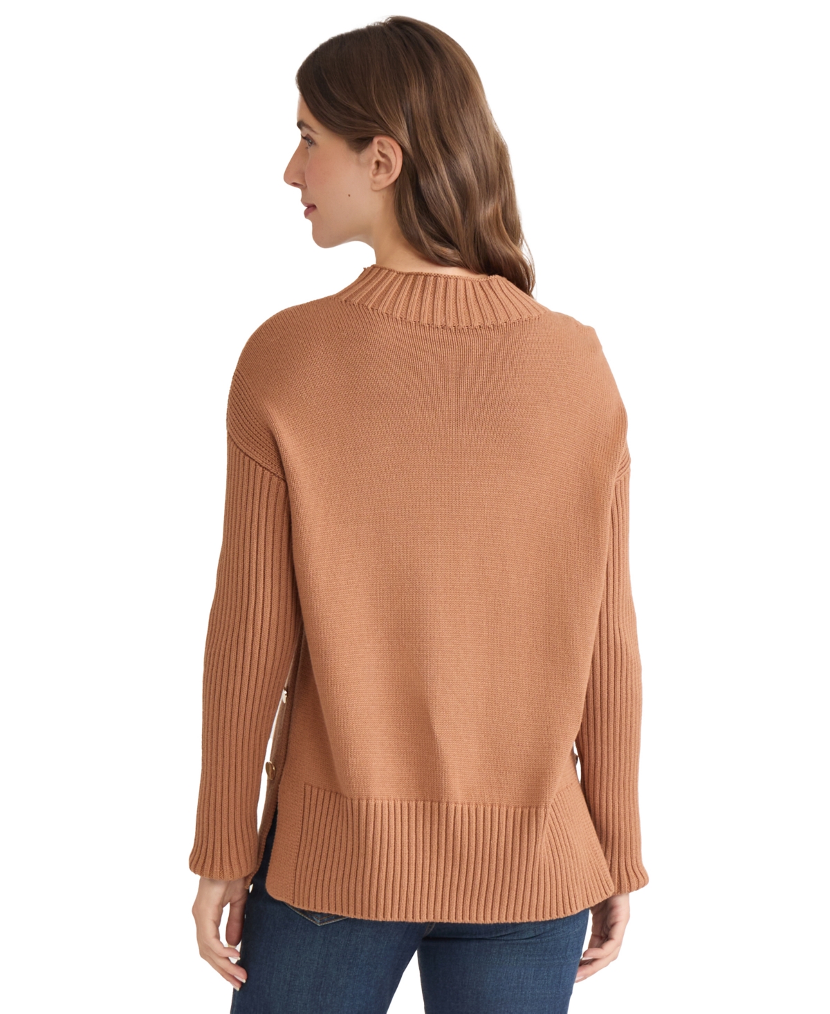 Jones New York Button Detail Rib Funnel Neck Sweater In Brown