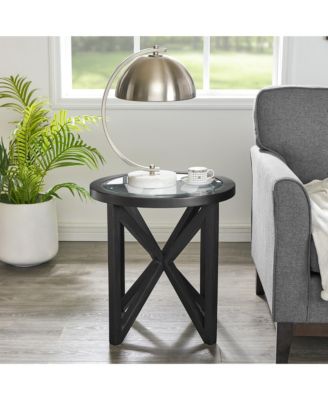 Modern Round Glass Coffee Table, Tempered Glass Top, Solid Wood Base, Transparent, for Living Room, Patio, or Office