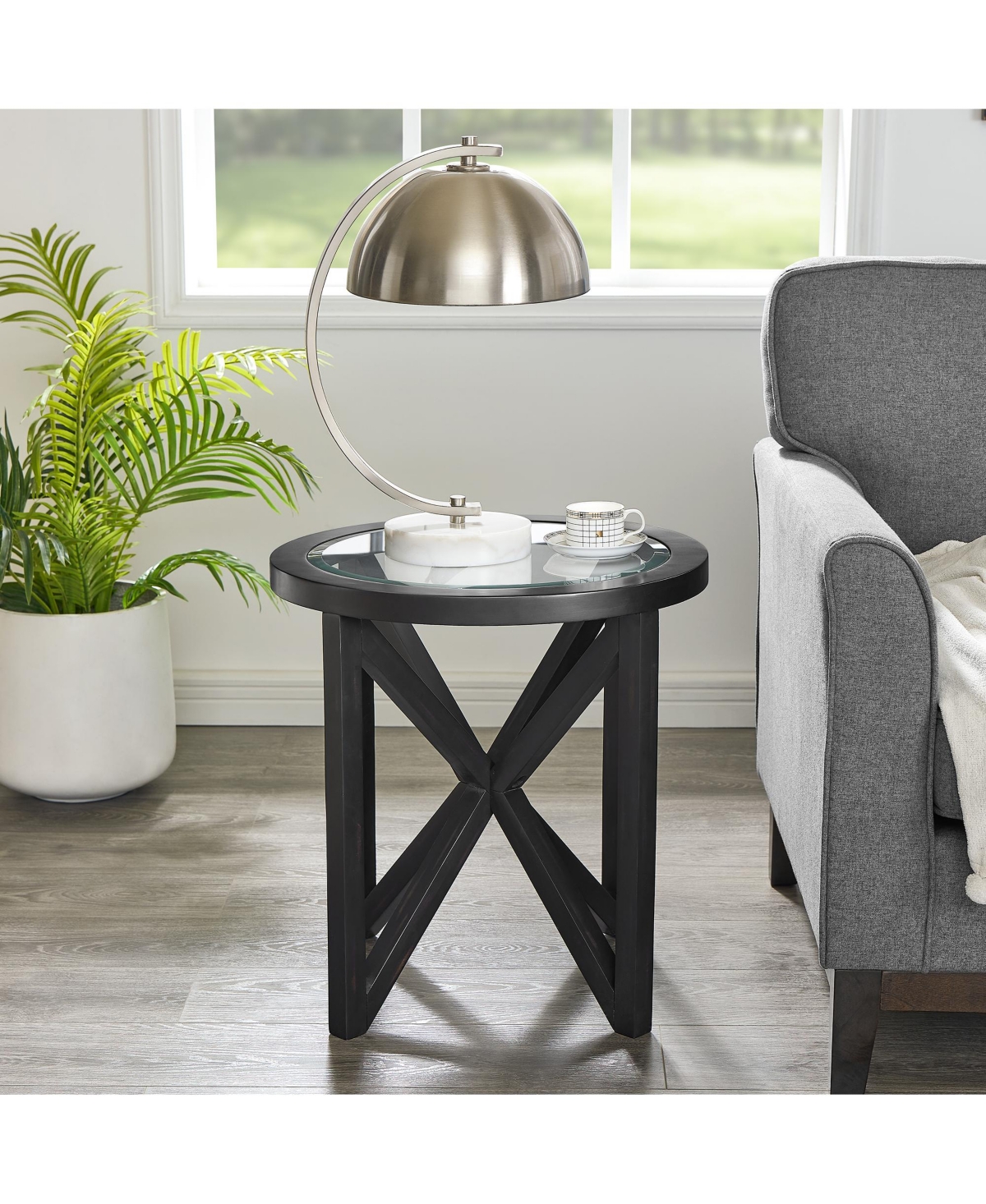 Modern simple glass coffee table, tempered glass coffee table solid wood base round transparent glass top modern living room terrace study coffee tabl