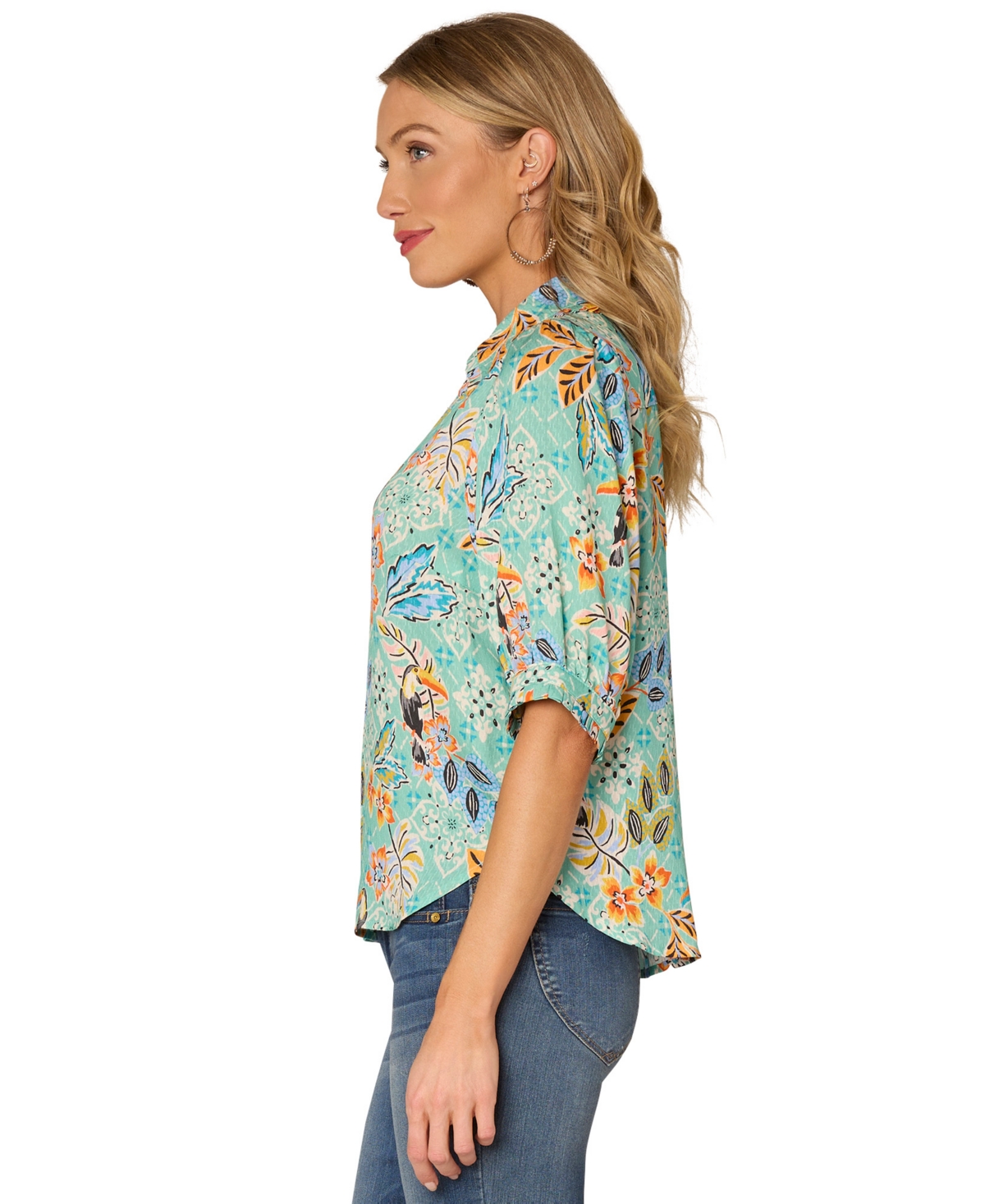 Democracy Women's Petite Printed Ruffle Edge Collar Top In Multi