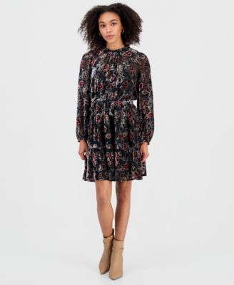 julia jordan - Women's Floral Tie-Waist Long-Sleeve Mini Dress