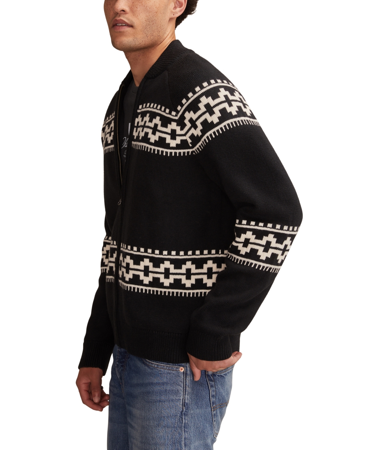 Lucky Brand Bull Front Zip Cardigan In Black