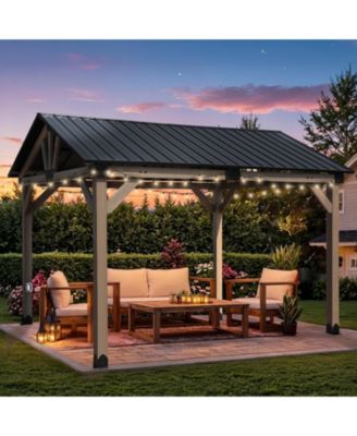 10 x 12 ft Wooden Frame Gazebo with Galvanized Metal Hardtop Roof, Outdoor Patio Gazebo with Charging Socket for Patio