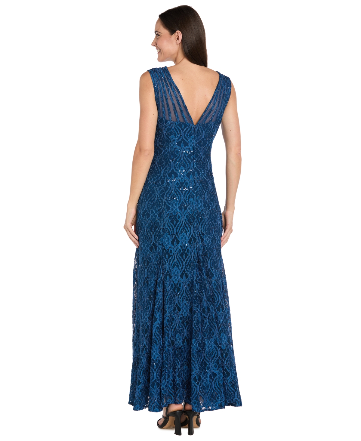 R & M Richards Women's Long Embellished Illusion-detail Lace Gown In Blue