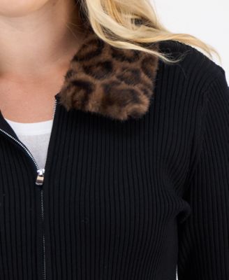 Trendy Plus Size Fur Collared Zip Cardigan