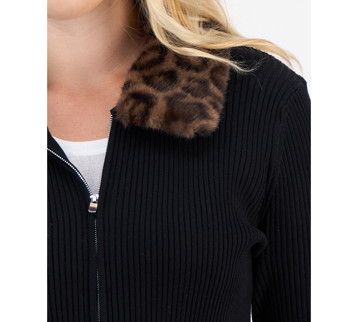 Madden Girl Trendy Plus Size Fur Collared Zip Cardigan In Black