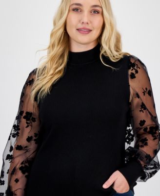 Trendy Plus Size Sheer-Sleeve Mock Neck Top