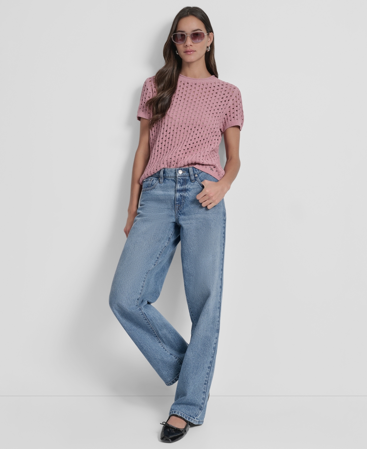 Dkny Jeans Petite Open-stitch Crewneck Sweater In Pink