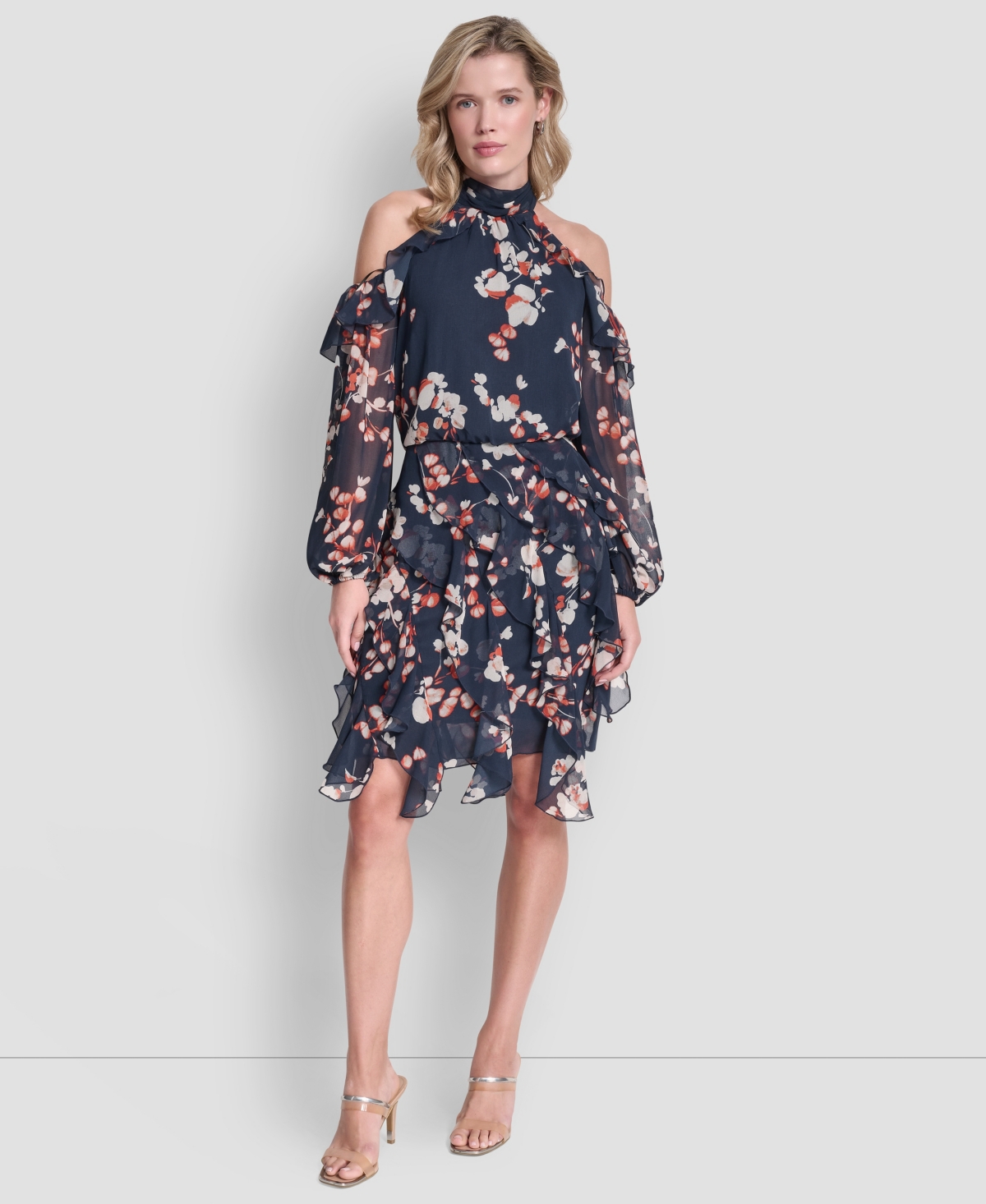Dkny Cold Shoulder Mock Neck Ruffle Dress In Multi