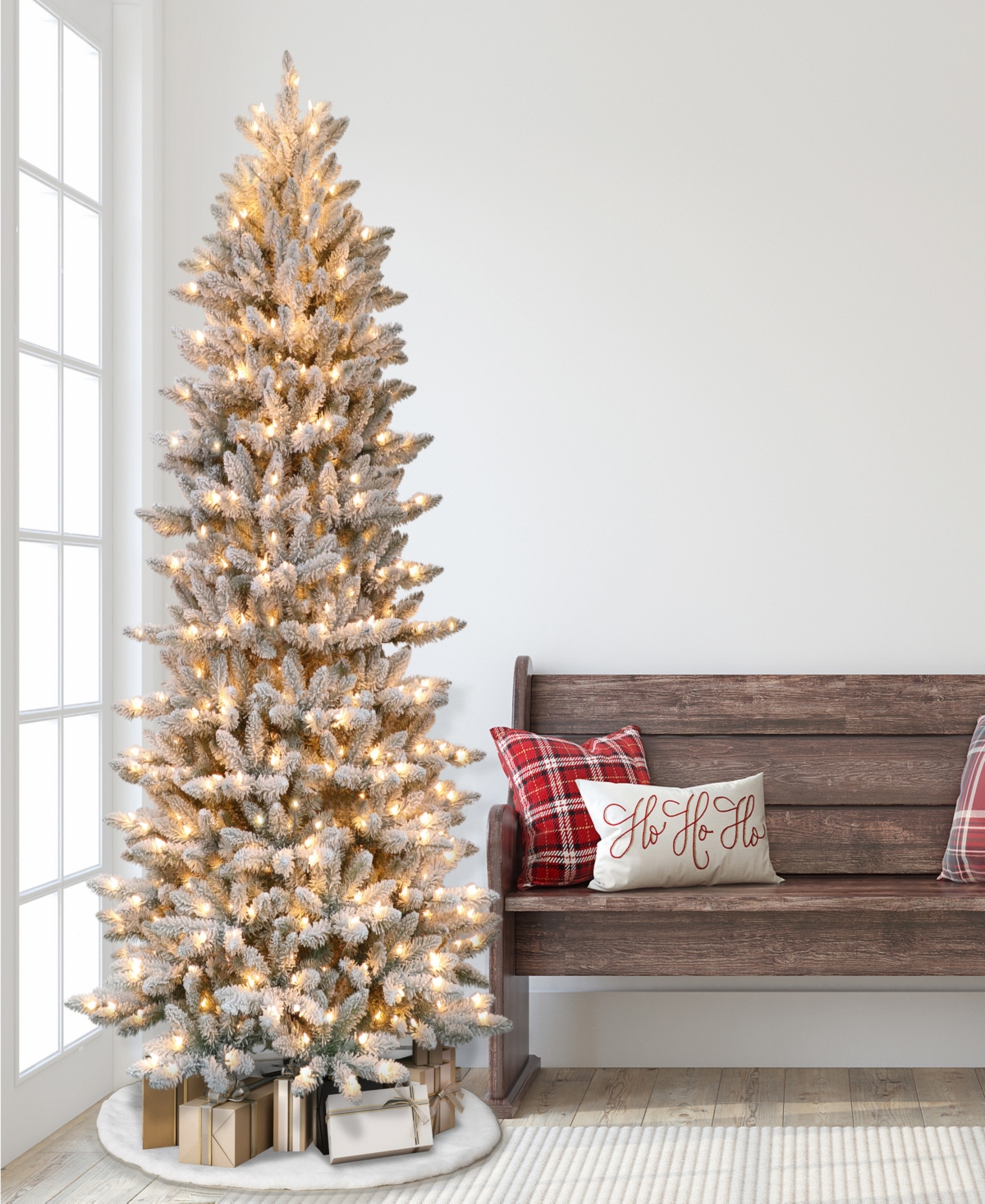 Puleo 6.5FT Pre-Lit Flocked Slim Fraser Fir Artificial Christmas Tree