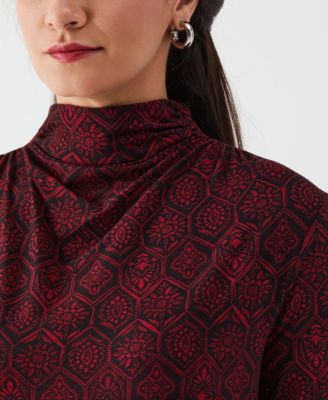 Petite Honeycomb Mosaic Print Ruched Mock Neck Long Sleeve Top