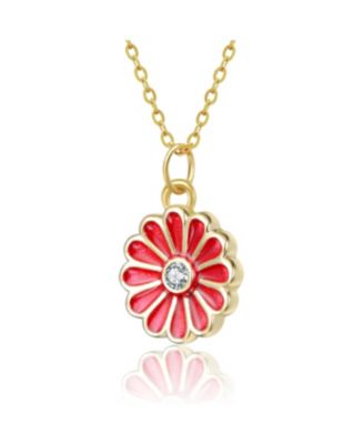 Sterling Silver 14k Gold Plated Colored Enamel and Cubic Zirconia Flower Pendant Necklace