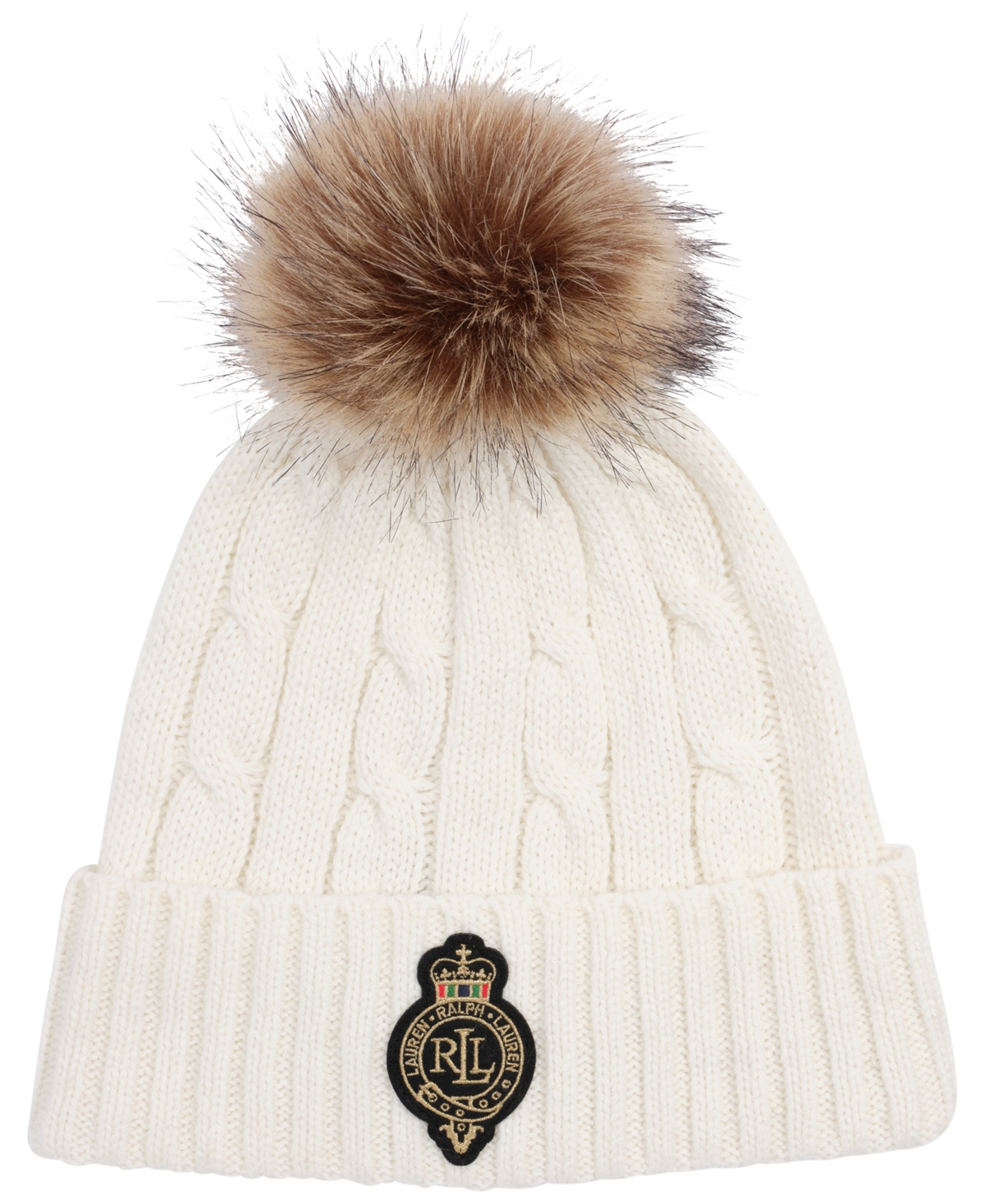 Ralph Lauren Cable Pom Beanie Hat In White