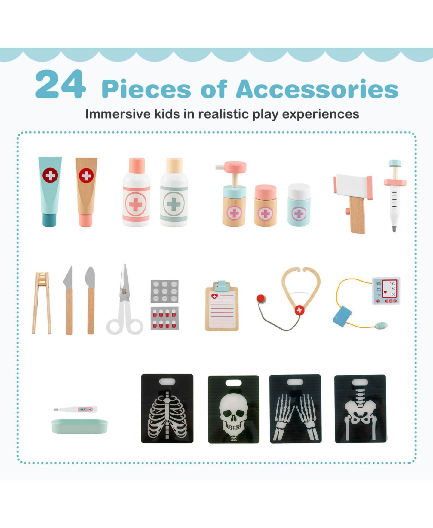 Детские игрушки Costway Wooden Doctor 24-Piece Play Set, Ages 3+, цвет: Синий — фото 8