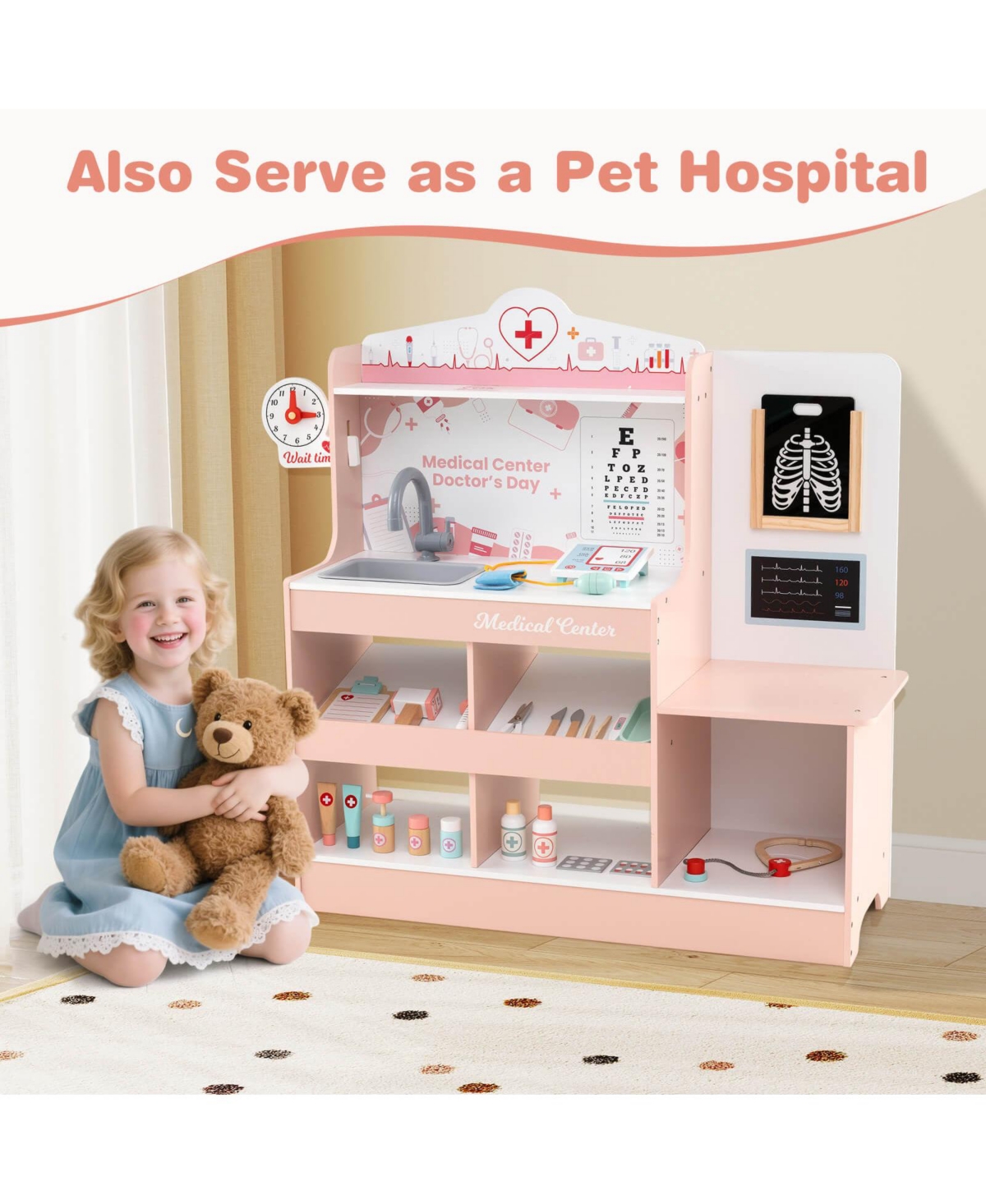Wooden Doctor Play Set with Clock Sink Eye Chart Ecg Monitor Exam Area Storage