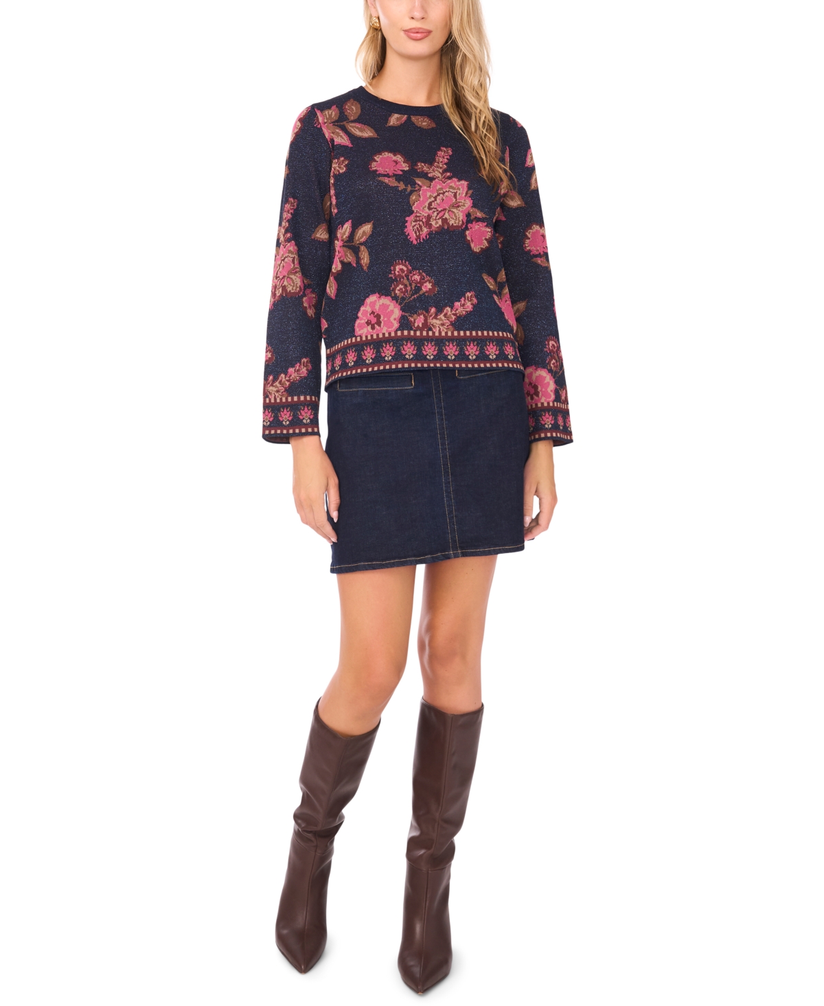 Vince Camuto Women's Floral Jacquard Crewneck Blouse In Blue