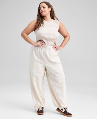 And Now This - Plus Size Cotton Jacquard Drawstring-Hem Pants