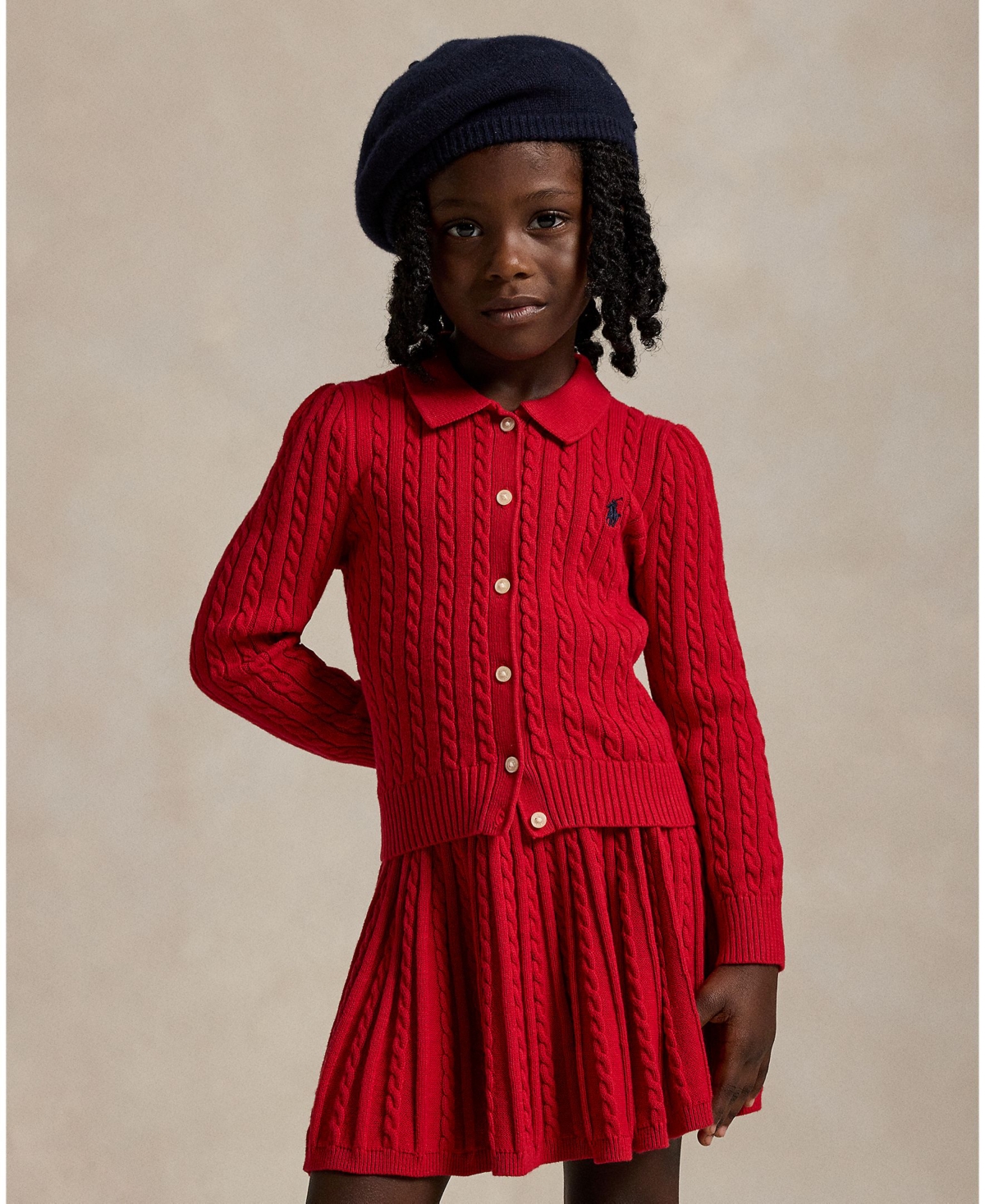 Polo Ralph Lauren Girls 7-16 2-piece Cotton Polo Cardigan Sweater And Skirt Set In Red