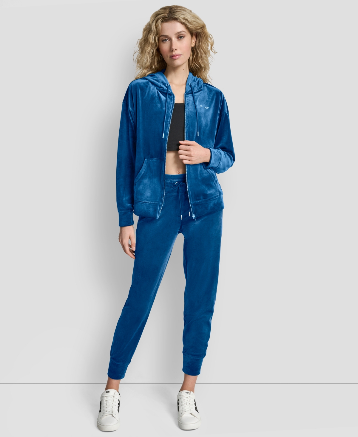 Dkny Women's Platinum Velour Rhinestone Logo Full-zip Hoodie In Blue