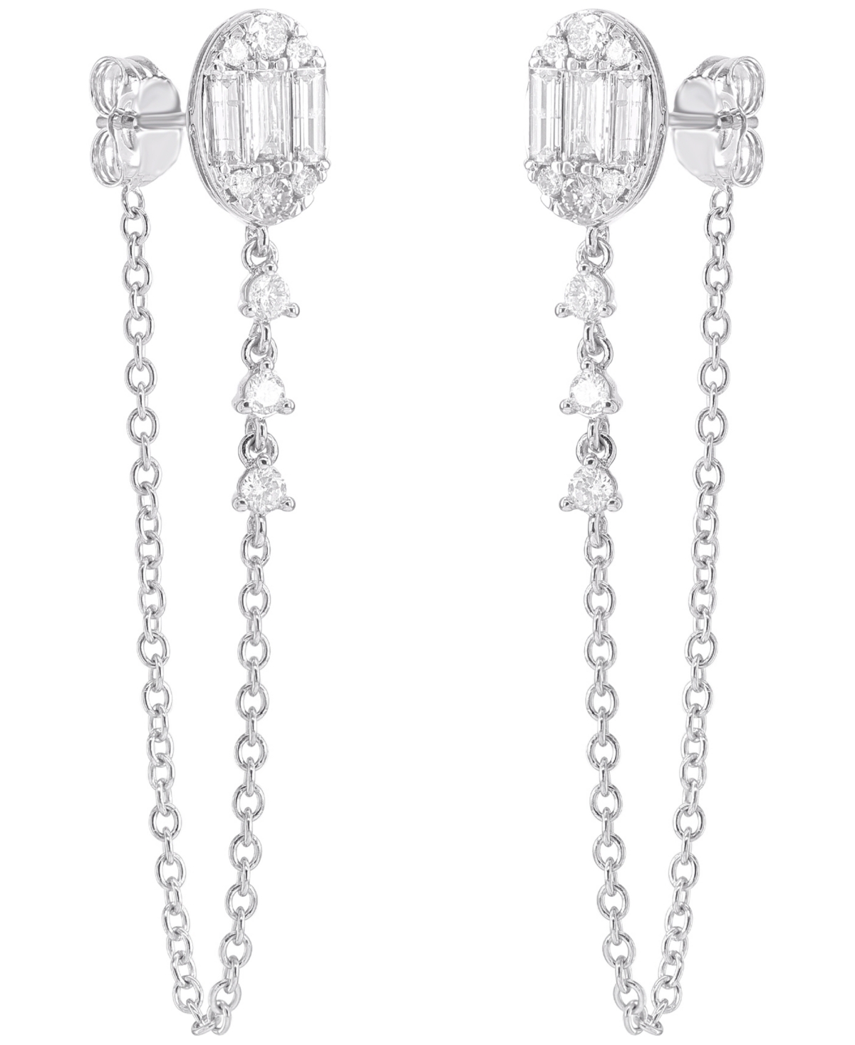 Macy's Round (0.48 Ct. T.w.) And Baguette (0.53 Ct. T.w.) Diamond Drop Earrings In 14k White Gold In Metallic