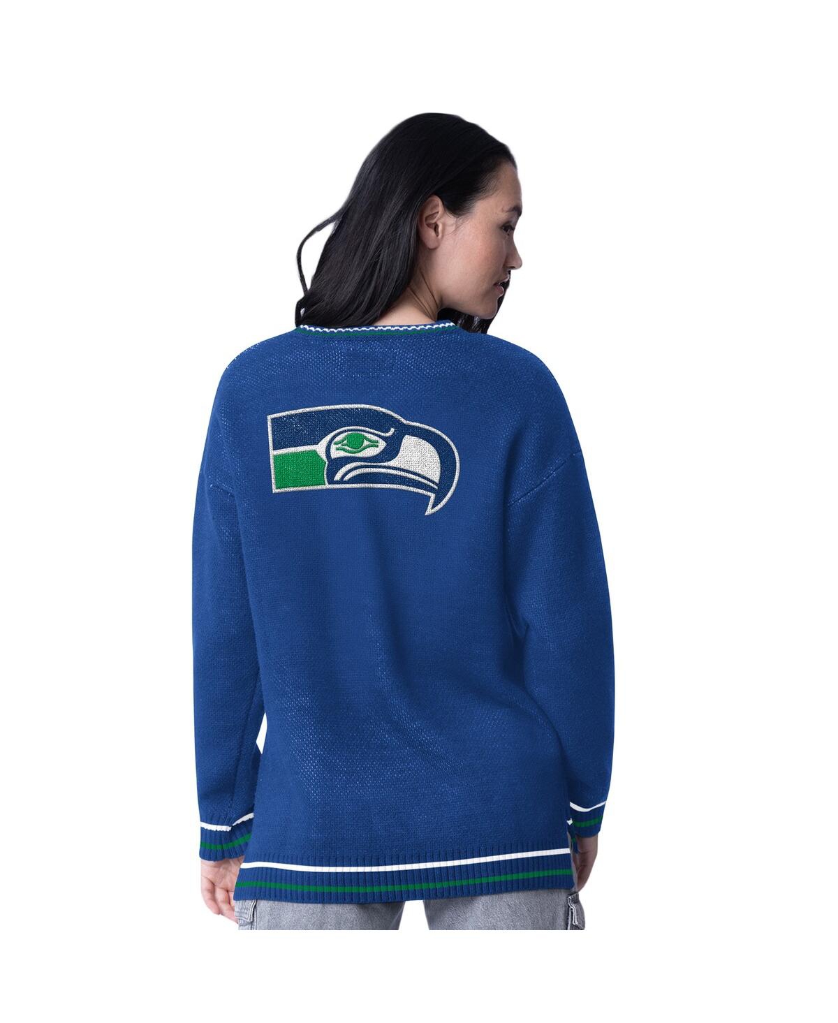 Starter Women's  Royal Seattle Seahawks Oversized On the Ball Intarsia Knit Pullover Sweater