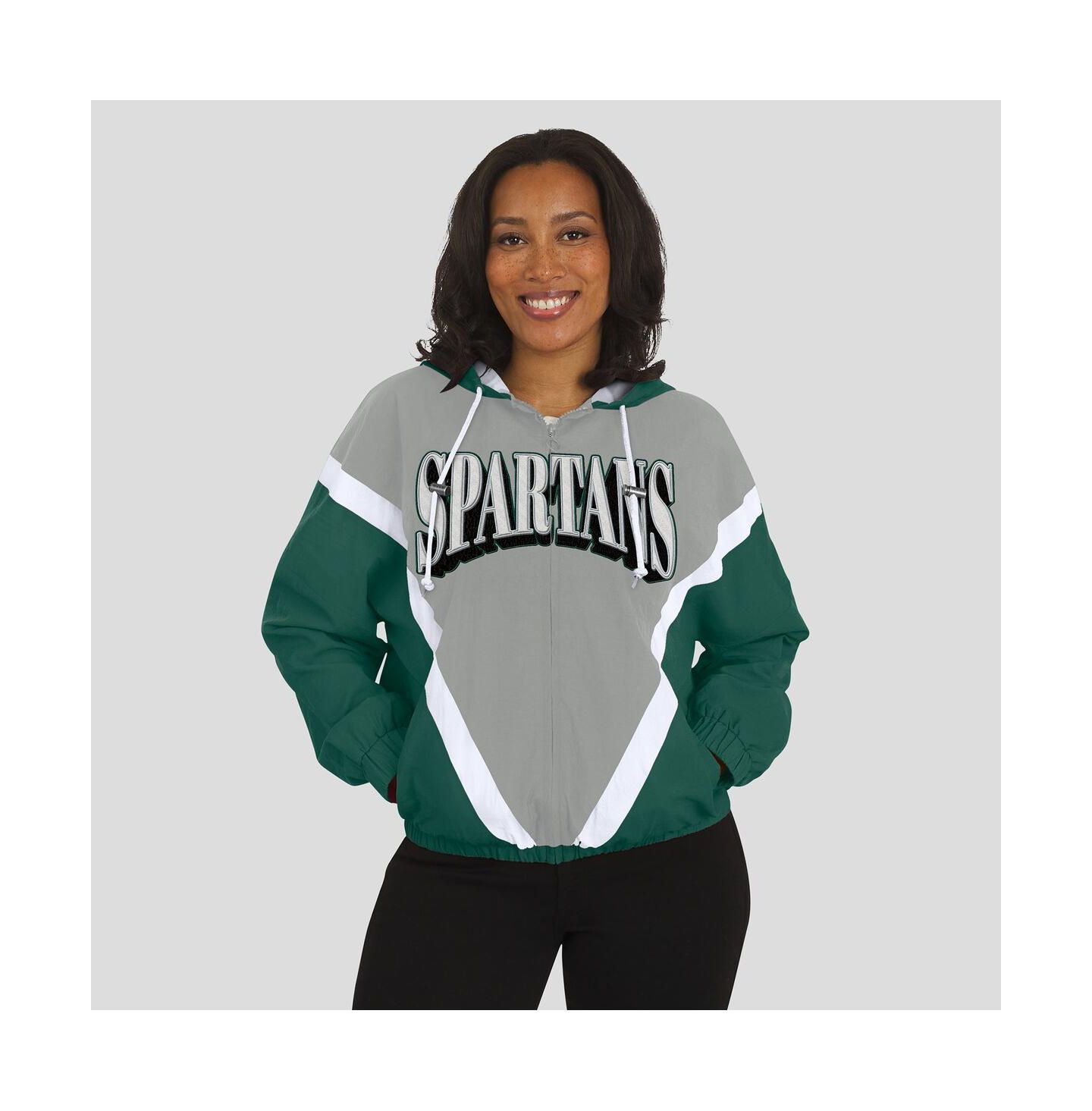 Женские худи WEAR by Erin Andrews Green/Gray Michigan State Spartans Color Block Full-Zip Windbreaker Jacket — фото 4