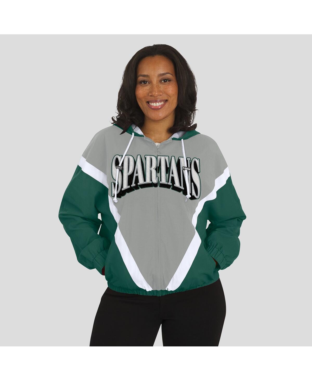 Wear By Erin Andrews Women'sgreen/gray Michigan State Spartans Color Block Full-zip Hoodie Windbreaker Jacket In Green