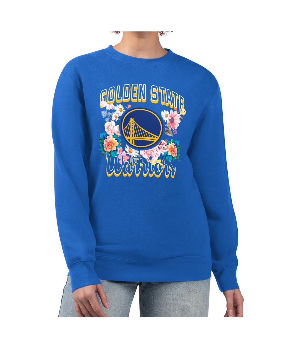 G-iii 4her By Carl Banks Women's Royal Golden State Warriors Flowers Team Logo Graphic Fleece Crewneck Pullover Sweatshirt In Blue