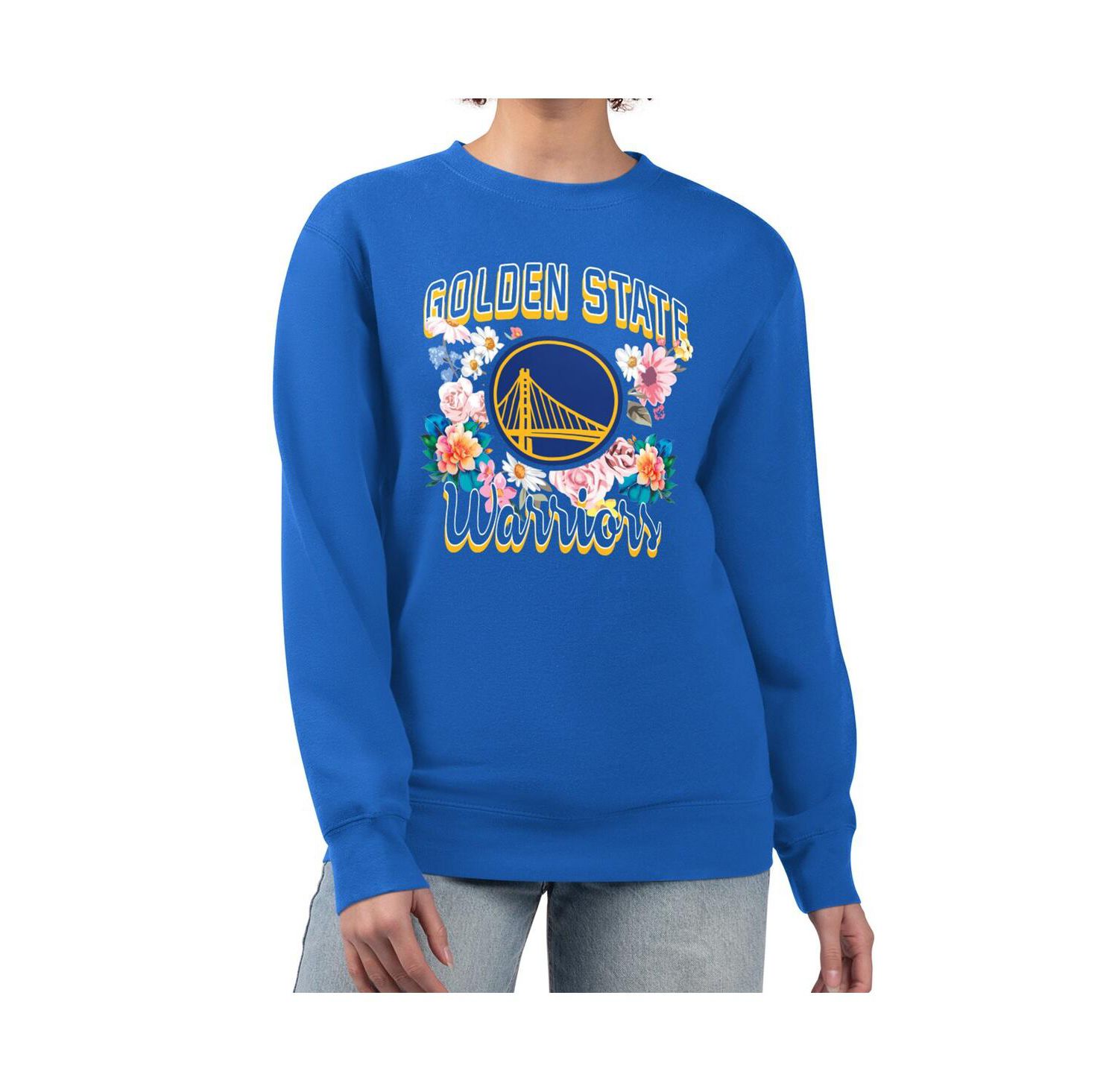 Women's Royal Golden State Warriors Flowers Team Logo Graphic Fleece Crewneck Pullover Sweatshirt