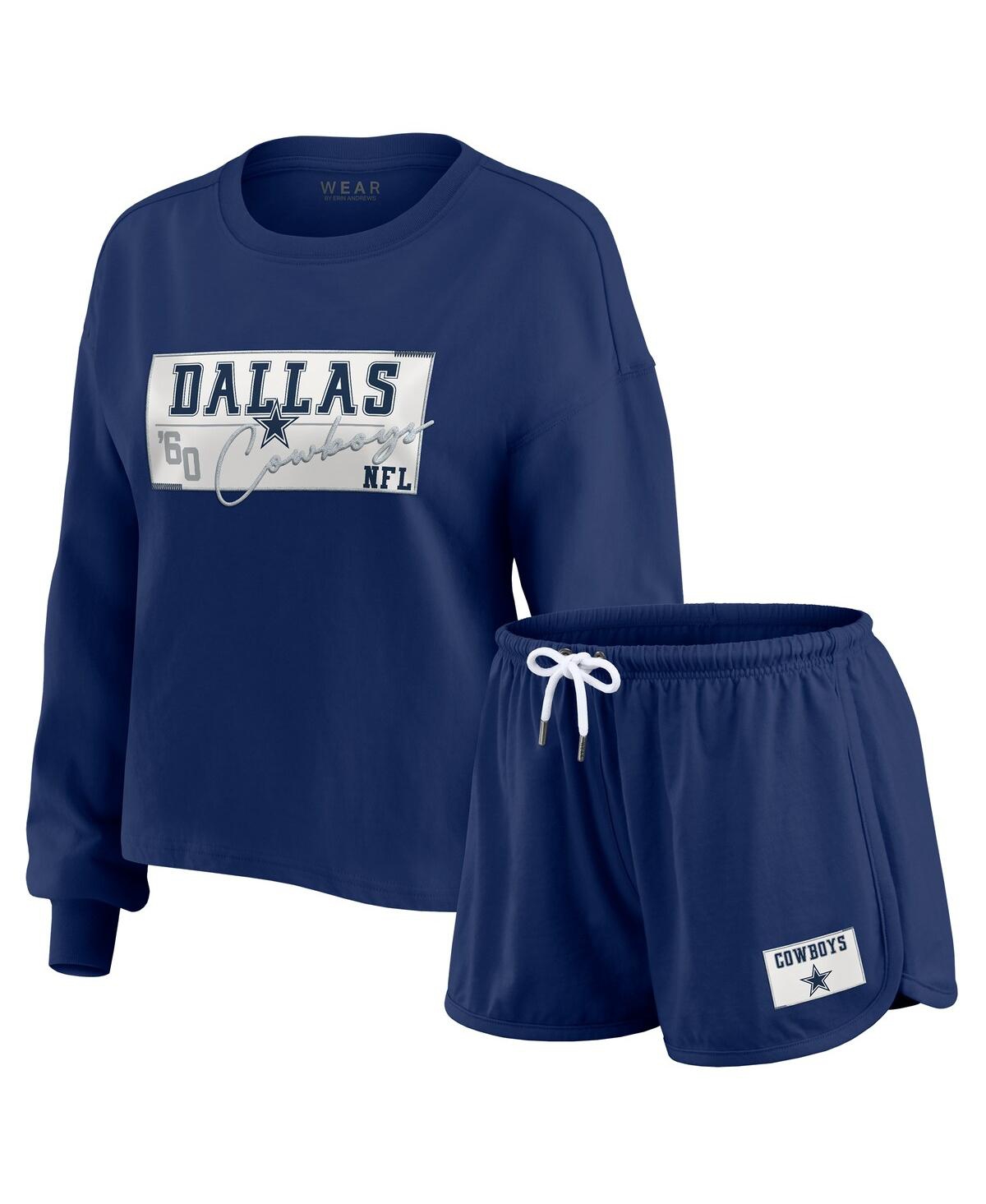 Wear By Erin Andrews Women's 2-piece Navy Dallas Cowboys Heavy Rugby Jersey Long Sleeve T-shirt And Shorts Lounge Set In Blue