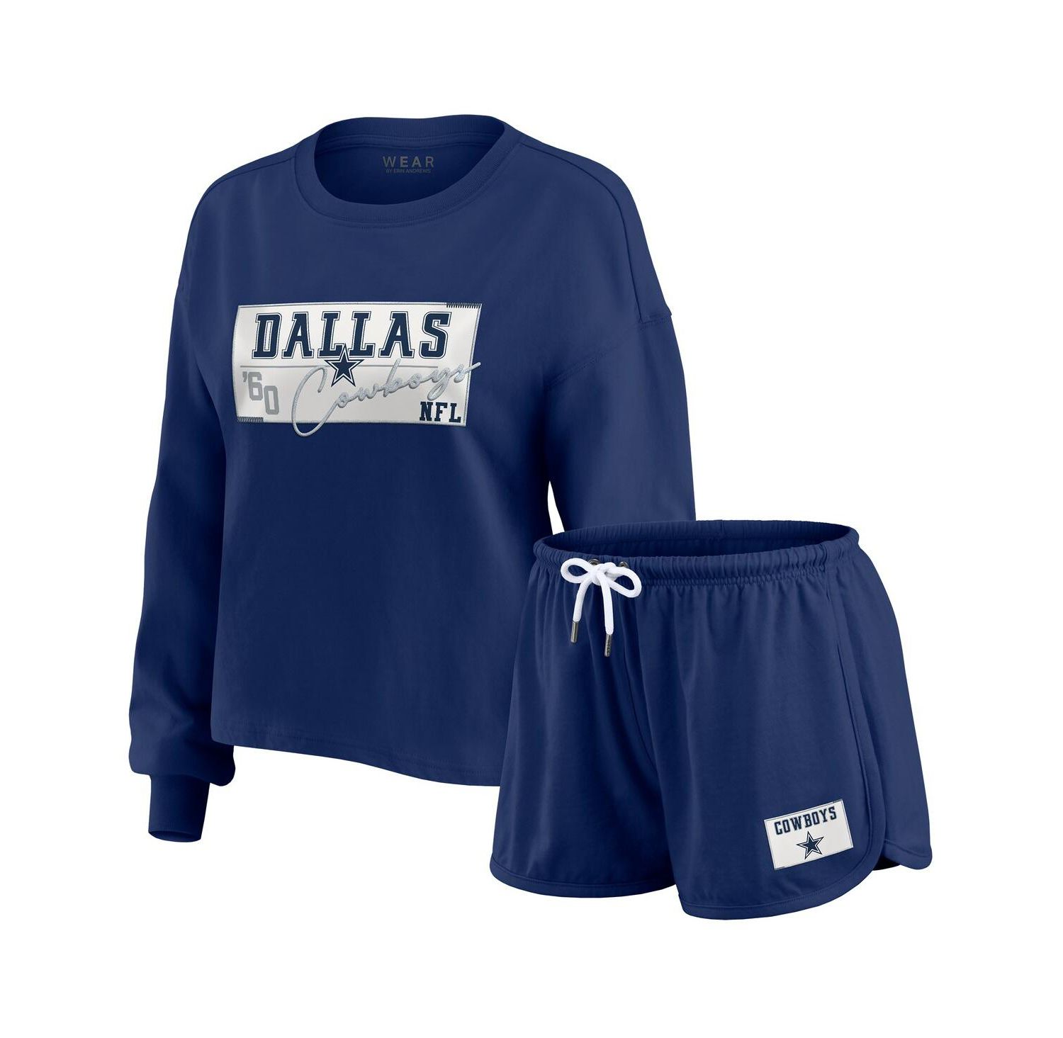 Women's 2-Piece Navy Dallas Cowboys Heavy Rugby Jersey Long Sleeve T-Shirt and Shorts Lounge Set