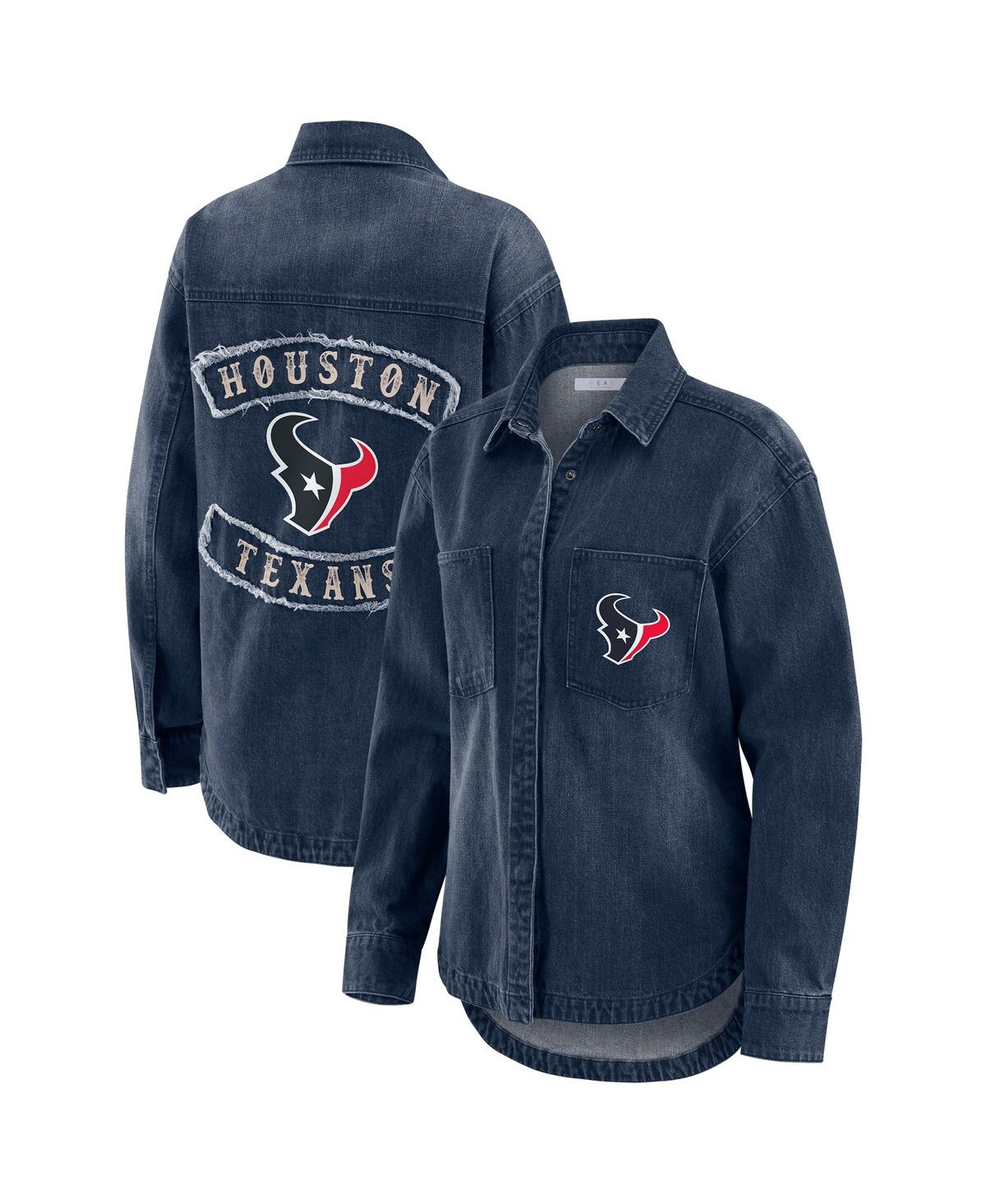 Wear By Erin Andrews Women's Denim Houston Texans Washed Oversized Denim Full-snap Shacket In Blue