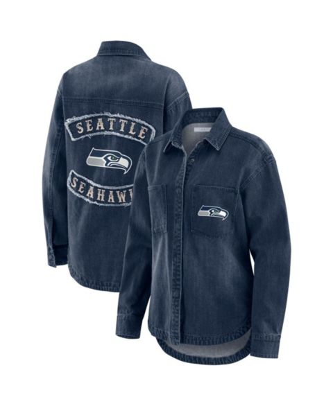 Женские куртки WEAR by Erin Andrews Women's Denim Seattle Seahawks Washed Oversized Denim Full-Snap Shacket