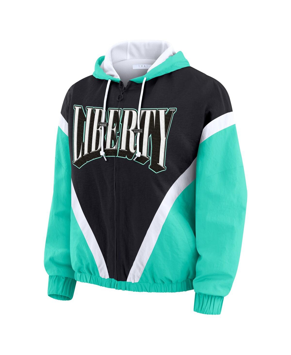 Wear By Erin Andrews Women'smint/black New York Liberty Color Block Full-zip Hoodie Windbreaker Jacket In Green