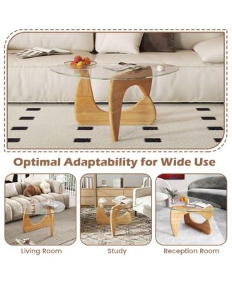 Triangle Coffee Table with Tempered Glass Top & Adjustable Rubber Wood Base