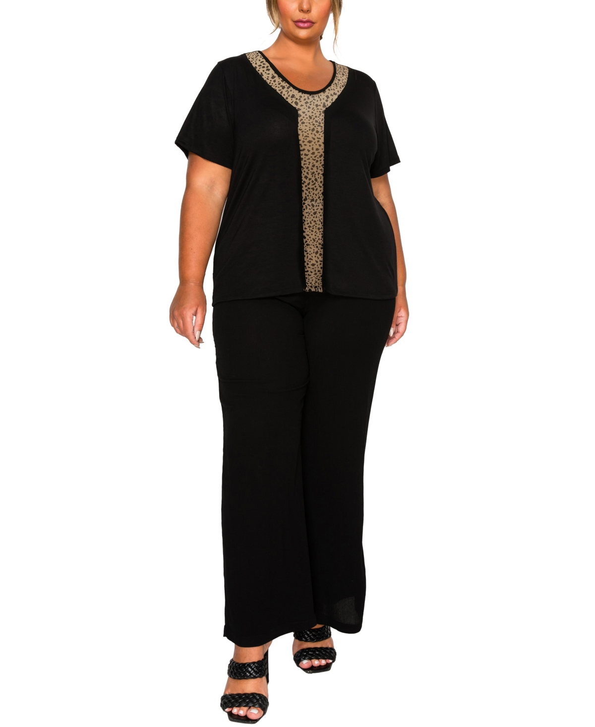 Coin 1804 Plus Size Pebble Mesh Inset Short Sleeve Top In Black
