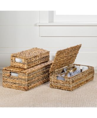 Hand-Woven Hyacinth Storage Baskets with Handles and Lids (Set of 3)