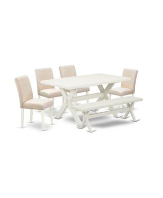6-Piece Dinette Table Set with Linen Fabric Seats, Stylish Chair Back, Rectangular Bench and Table