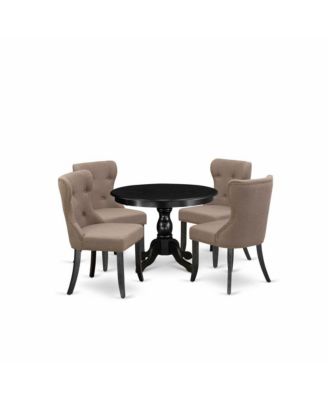 5 Piece Kitchen Dining Table Set - Black Wood Table and 4 Coffee Linen Fabric Dining Chairs Button Tufted Back with Nail Heads