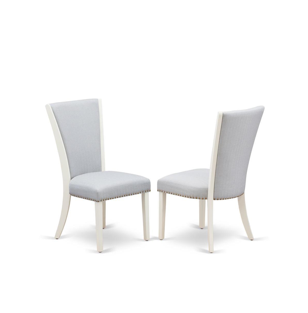 East West Furniture 6 Piece Dining Set - Linen White Rectangular Table, 1 Modern Bench, and 4 Grey Linen Fabric Parson Chairs with Nailheads