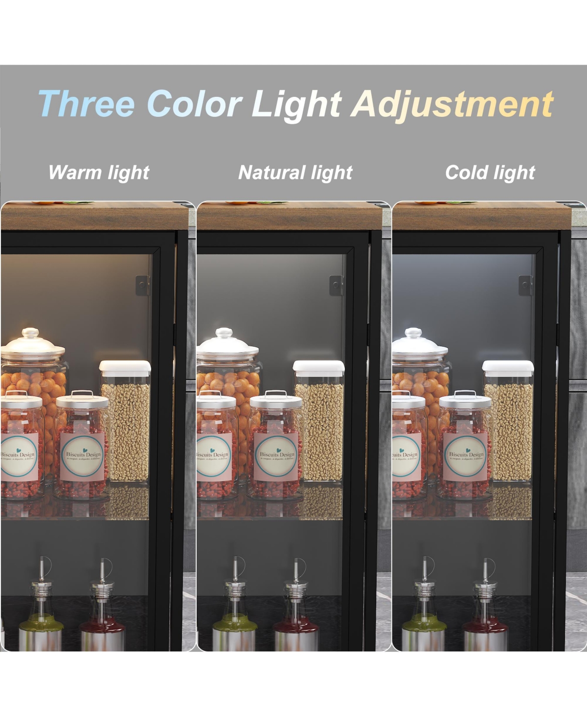 Kitchen island with 3 drawers, glass shelves, light strip, kitchen island storage table with dining table, coffee station and microwave rack for home,