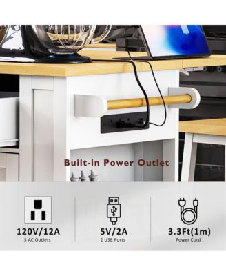 48'' Farmhouse-Style White Kitchen Island Cart with Foldable Countertop, Power Strip, 5 Side Racks, and Drawers