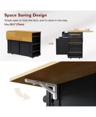 48'' Farmhouse-Style White Kitchen Island Cart with Foldable Countertop, Power Strip, 5 Side Racks, and Drawers
