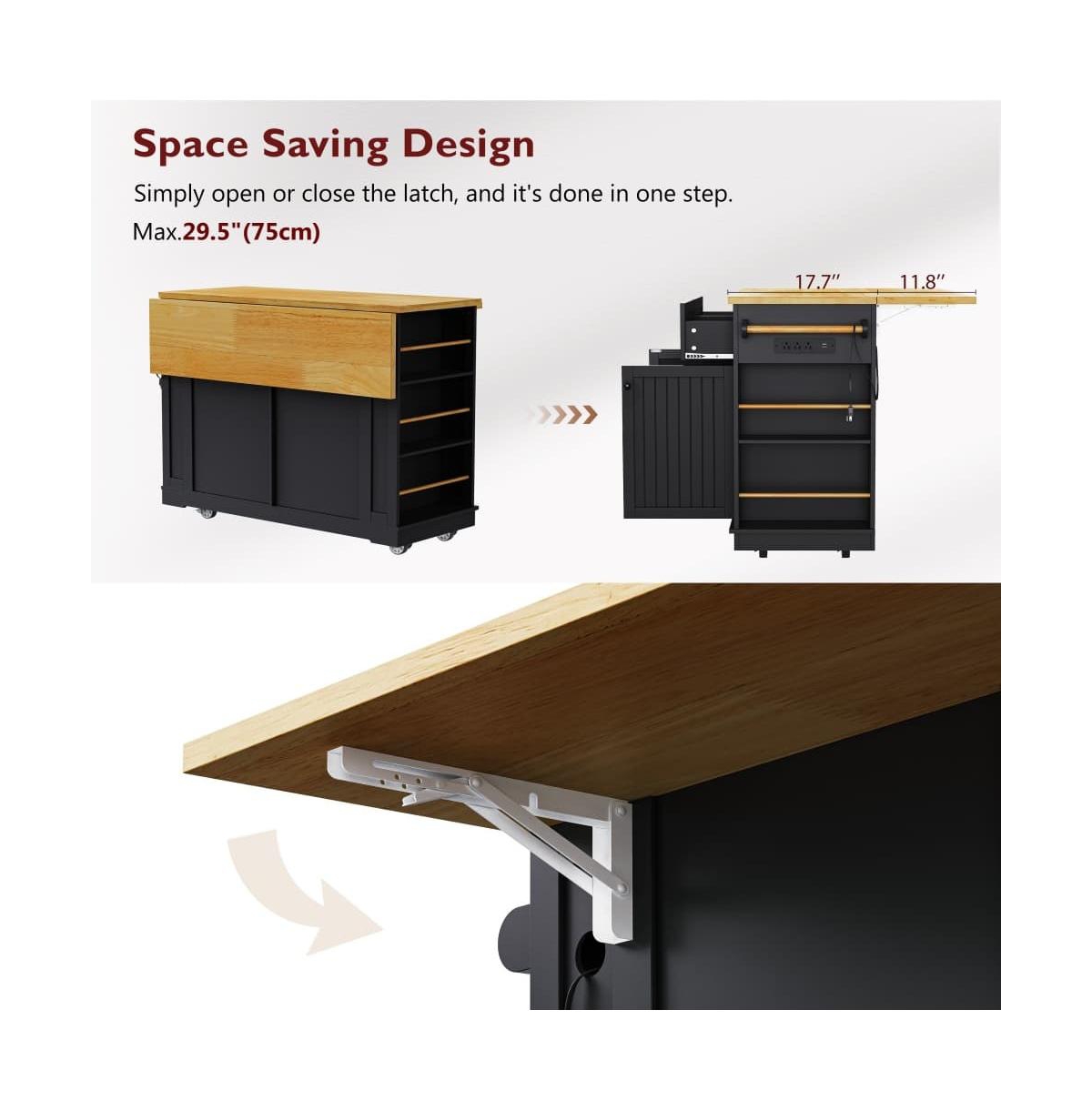 Maison Boucle 48'' Farmhouse-Style White Kitchen Island Cart with Foldable Countertop, Power Strip, 5 Side Racks, and Drawers-Maison