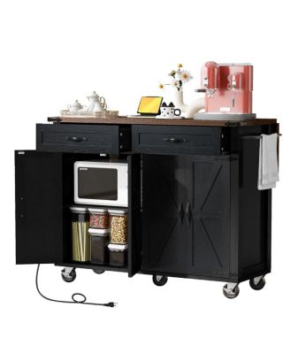 47.2" Farmhouse Rolling Kitchen Island Cart with Drop Leaf, Power Outlet, Spice Rack, Drawers & Storage Cabinet