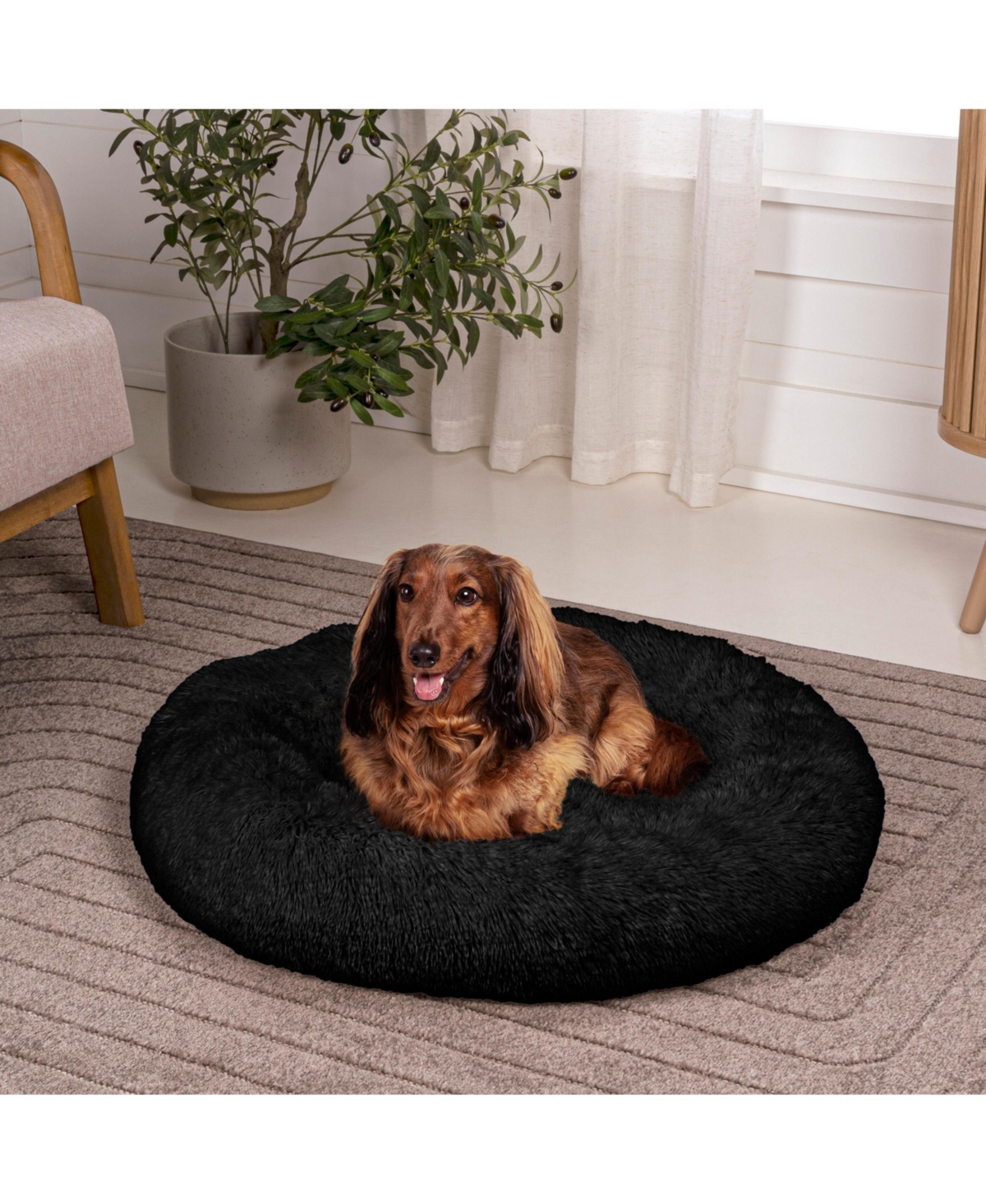 The Licker Store Maisie Bohemian Glam Faux Fur Round Fluffy Calming Donut Pet Bed with Washable Cover