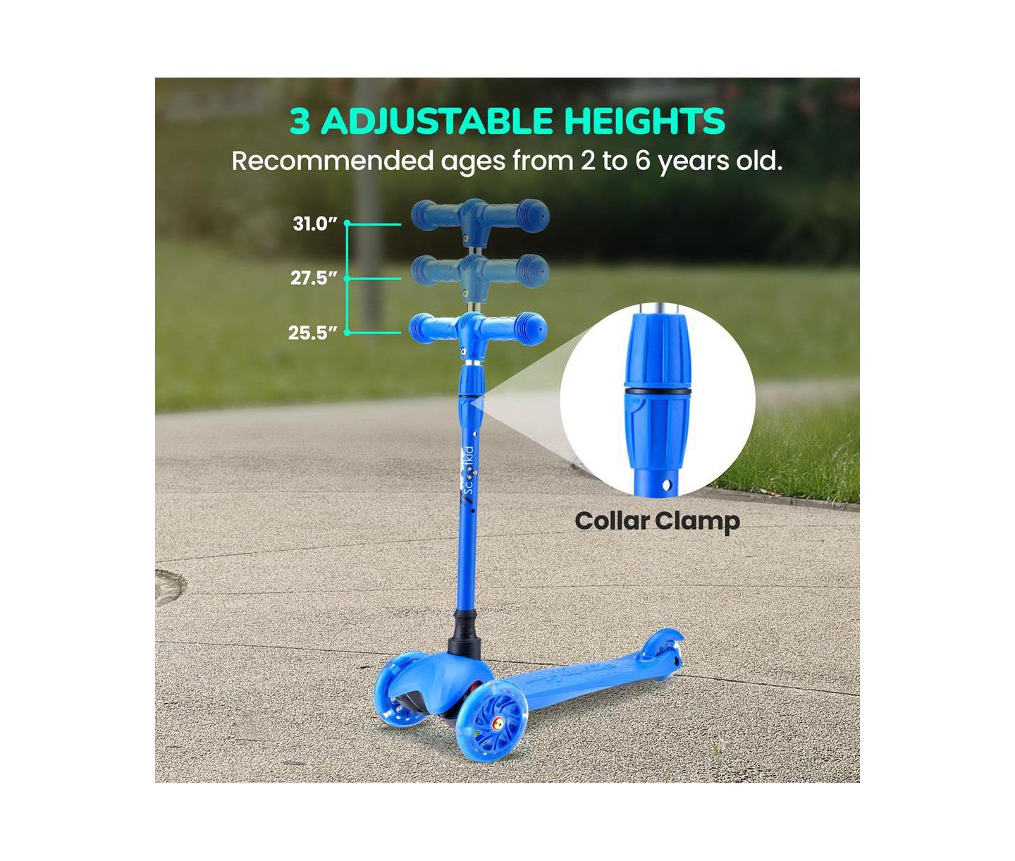 Детская игрушка Hurtle Lightweight 3-Wheel Mini Kickboard Scooter with LED Light Wheels, Ages 2+, цвет: Синий — фото 3