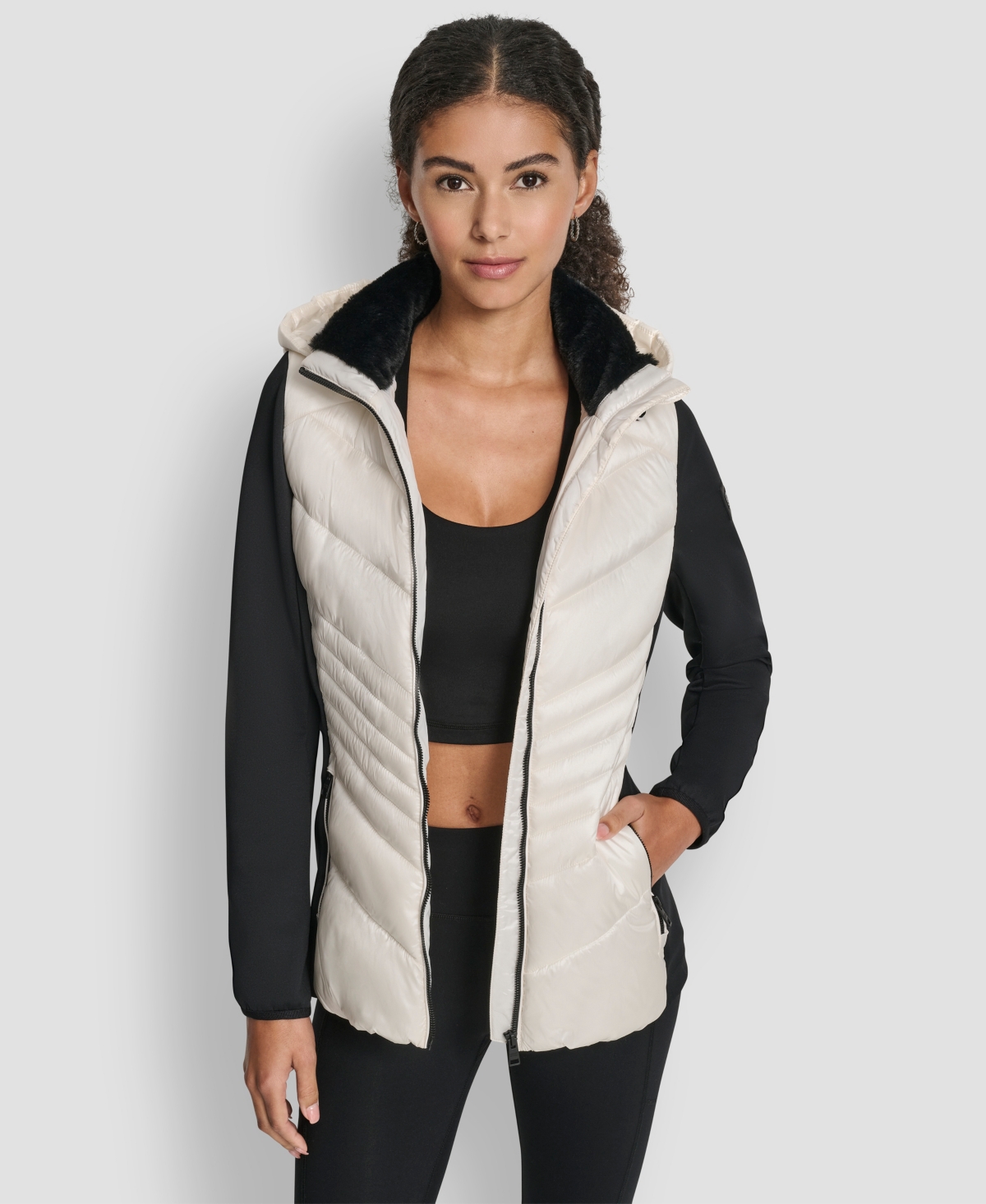 Dkny Women's Chevron Quilt Scuba Mix Collar Jacket